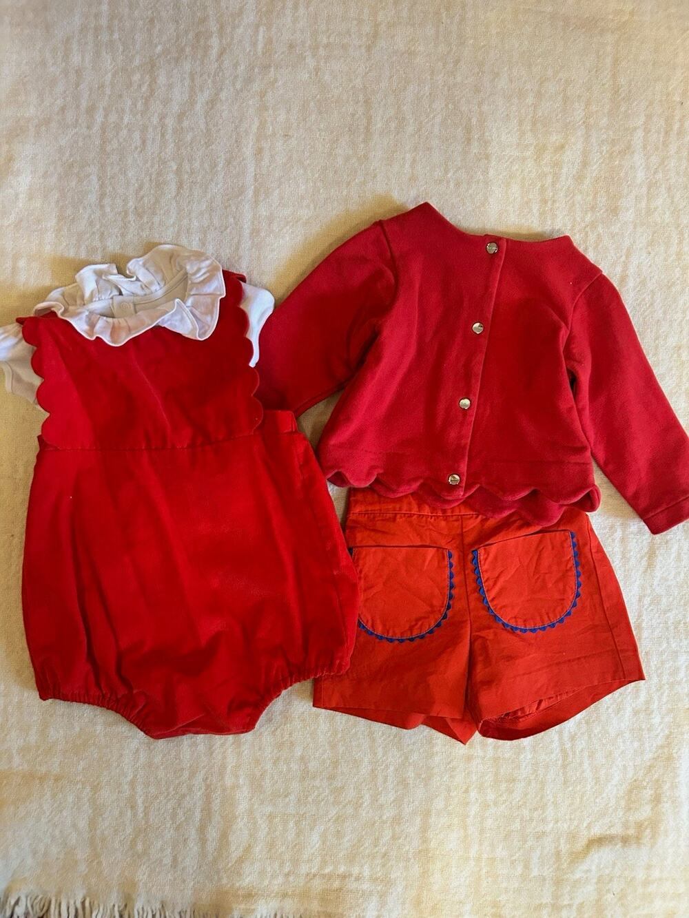 Jacadi Paris 9-12M Girls 3pc Red/White Cotton Bodysuit Shorts Cardigan Ruffle